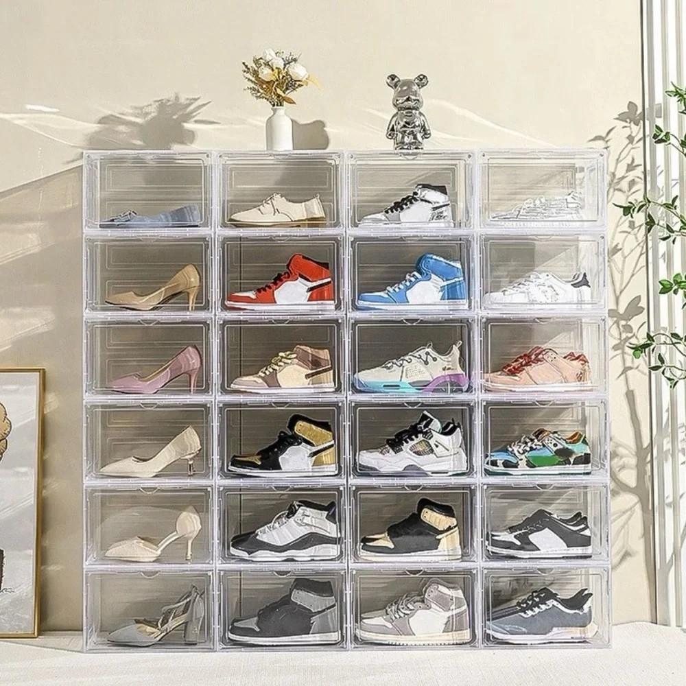 6x Clear Magnetic Shoe Storage Boxes Drop Front Sneaker Organizer Stackable